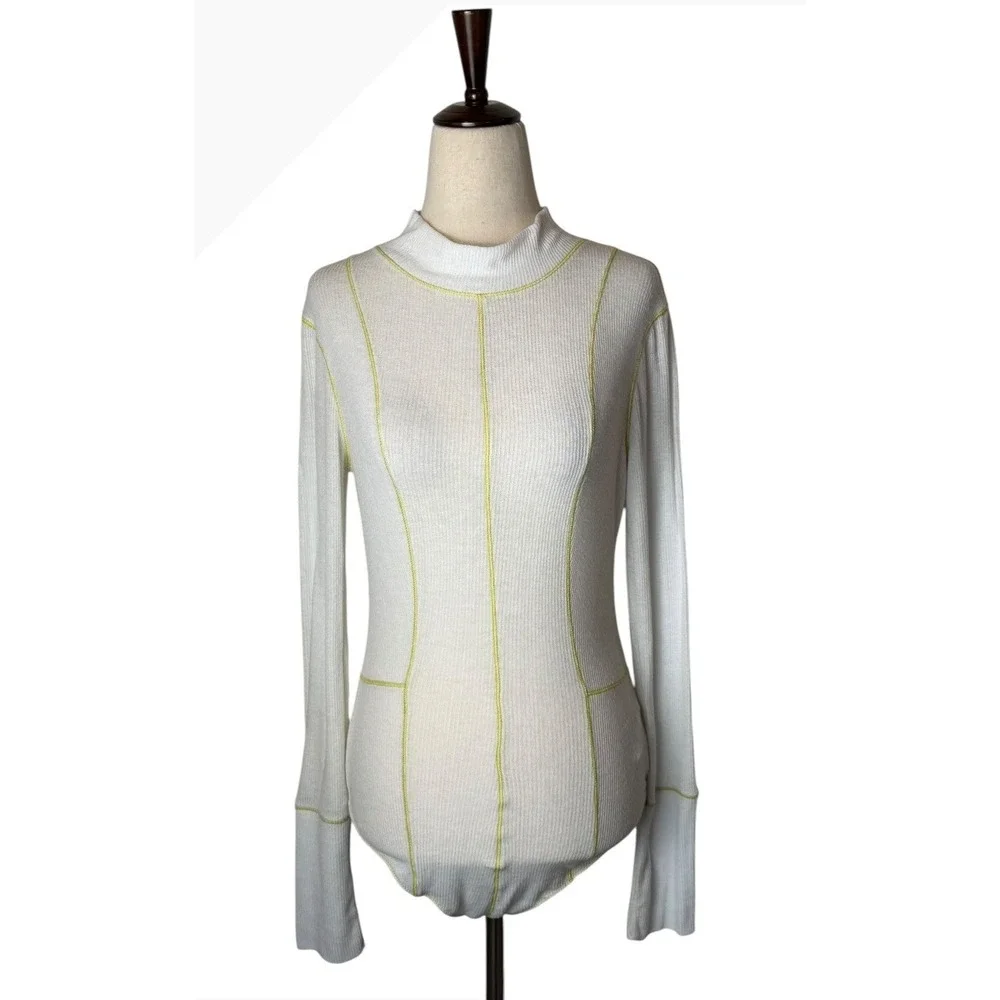 Free People Out of This World Bodysuit Women Small Ivory Yellow Ribbed Knit Boho
